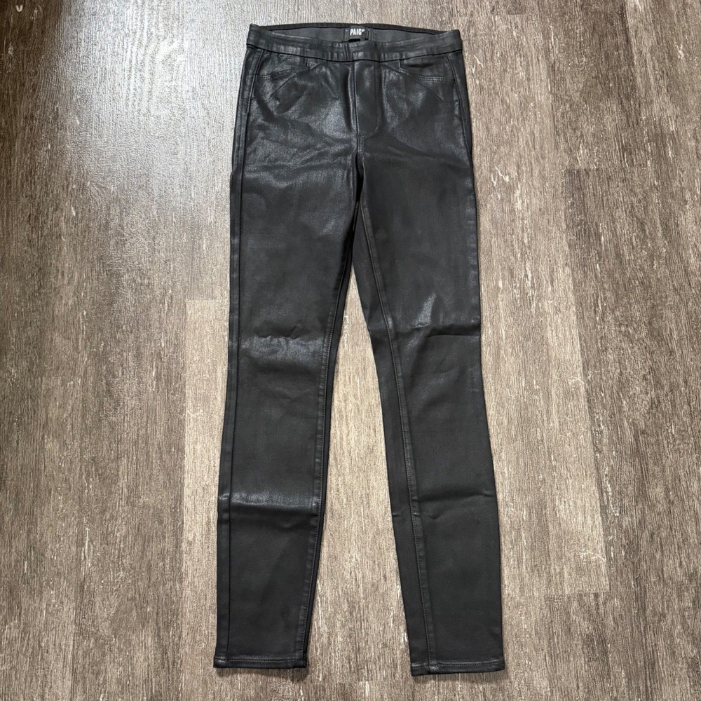 Paige Wax Coated Skinny Jeans Womens 27 Black Faux Leather Look Pull On Leggings